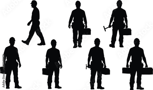 Construction worker silhouette set with toolbox and hammer, professional builder poses, industrial labor concept, black vector illustration