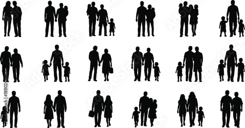 Family silhouettes set with parents children couples walking together, happy family life concept black vector illustration collection