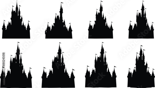 Fantasy castle silhouette set with towers and flags, fairytale medieval palace skyline, black vector illustration isolated on white background