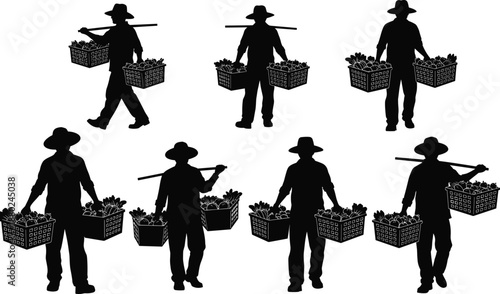 Farmer, silhouette, collection, carrying, vegetable, baskets, harvest, agriculture, rural, worker, set, isolated, on, white, background, farming, lifestyle, illustration, black, vector