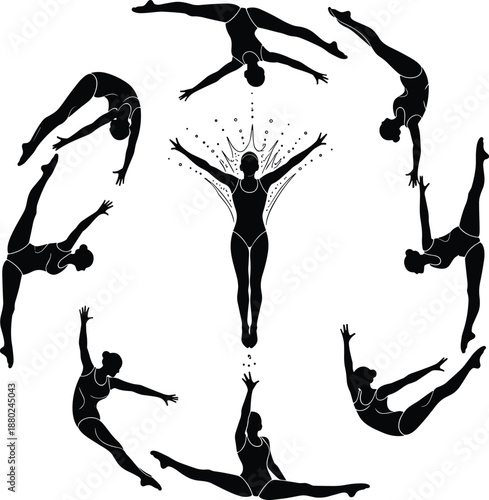 Female diver silhouette motion sequence performing artistic dive and splash, synchronized swimming and gymnastics concept illustration isolated white background
