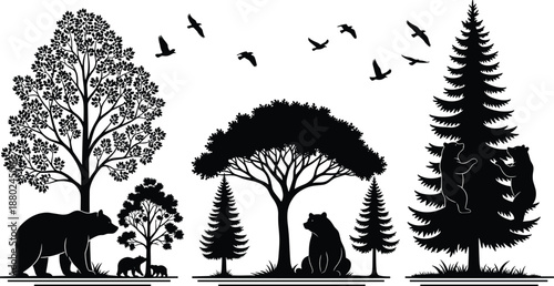 Forest wildlife silhouettes with bears trees and birds, natural landscape scene wilderness nature black vector illustration collection