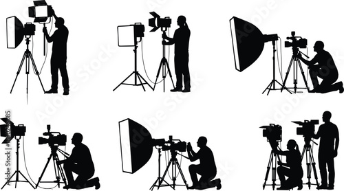 Film lighting and video production silhouettes set, studio equipment crew working, cinema photography black vector illustration collection