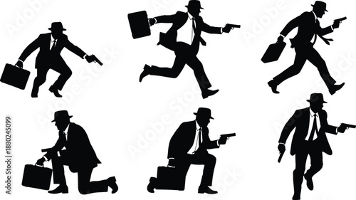 Gangster silhouette set with armed man in suit and hat, vintage crime action poses, black vector illustration isolated