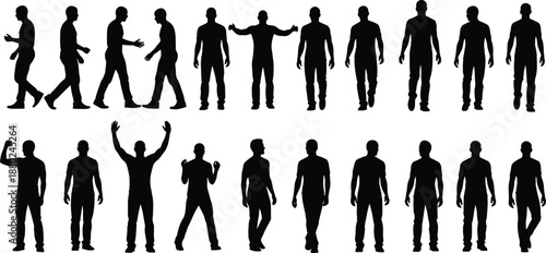 Male human silhouette walking standing gestures, full body men poses collection, black people figures isolated on white background
