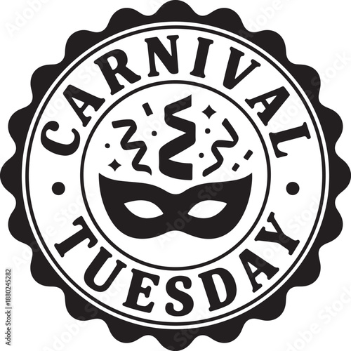 Carnival tuesday seal emblem with masquerade mask and festive confetti for celebration of mardi gras