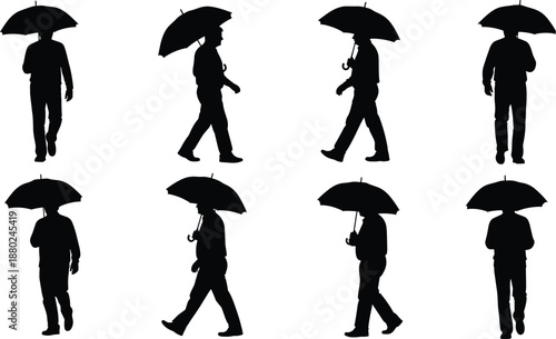 Man walking with umbrella silhouettes set, rainy day pedestrian poses, weather protection concept, black human figures isolated on white background