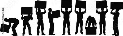 Manual labor workers silhouette set, people lifting carrying boxes, warehouse logistics teamwork concept, physical work strength illustration collection