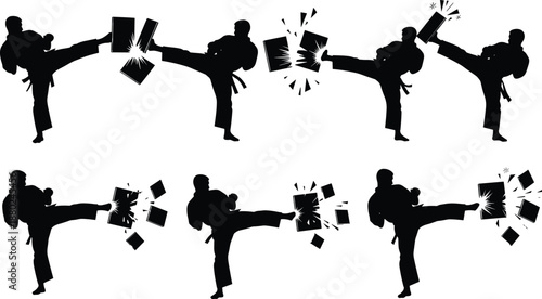 Martial arts kicking silhouettes set, karate fighter breaking boards, taekwondo training action poses black vector illustration collection