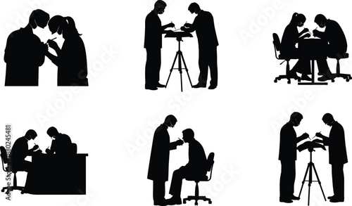 Medical laboratory teamwork silhouettes set, scientists researchers analyzing samples together, healthcare science diagnostic process, professional people working isolated on white background