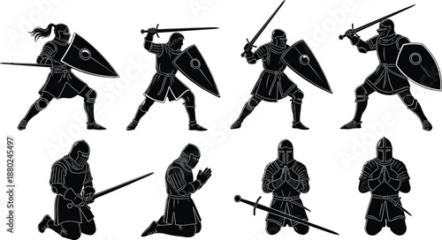 Medieval knight warrior combat poses with sword and shield, armored fighter action silhouettes black vector illustration set