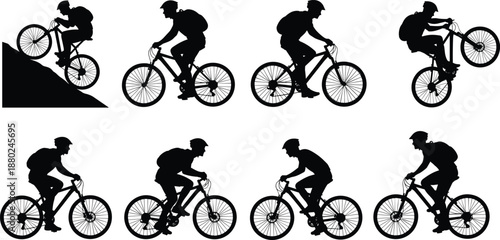 Mountain biker silhouettes set, cyclist riding bicycle in different actions, adventure sports illustration, outdoor activity isolated design