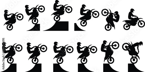 Motorcycle stunt silhouette set showing rider performing jumps and wheelies, extreme motocross action poses, black vector illustration isolated