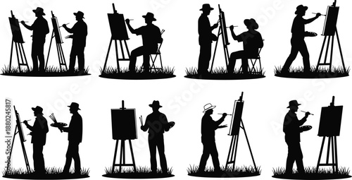 Outdoor artist silhouettes painting on easels, male painters working in nature, creative art process scenes, black silhouette illustration set