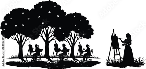 Outdoor artists painting under trees silhouettes, plein air art class in park, creative landscape painting scene illustration isolated on white background