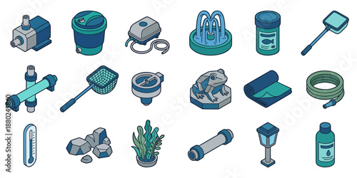 Isometric Fish Pond Equipment and Maintenance Accessories Vector Set
