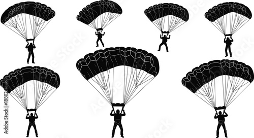 Parachuting silhouettes set, skydiver landing poses, military airborne sport adventure isolated black vector illustration collection people canopy descent training action