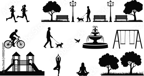 Park lifestyle silhouette icons set, people jogging cycling dog walking, benches trees fountain playground yoga meditation, outdoor recreation isolated background