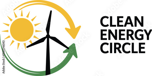 renewable energy vector illustration with green energy cycle including solar panels, wind turbines, and electricity generation representing clean technology, sustainable power, and eco innovation