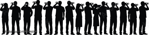 People looking through binoculars silhouettes set, men and women searching observing together, vision focus exploration concept, black human figures isolated on white background