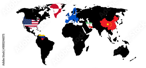 world map with flag colors map shapes of USA of Europe and China and Venezuela and Iran and Greenland, simplified smooth rounded-corners, isolated