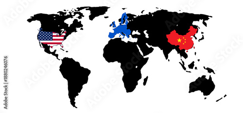 world map with flag colors map shapes of USA of Europe and China, simplified smooth rounded-corners, isolated