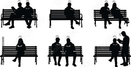 People reading book on park bench silhouettes, men women sitting together alone, outdoor leisure activity illustration set