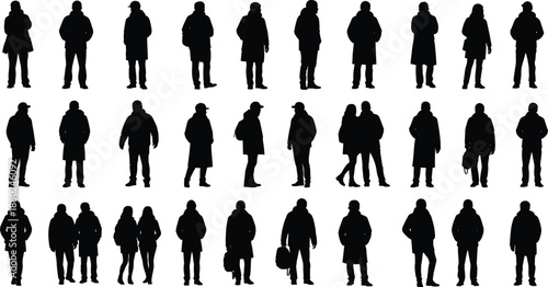 People silhouette collection, men and women standing walking winter clothing poses, black human figures set isolated on white background
