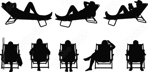 People relaxing on deck chairs silhouettes, leisure rest poses, summer vacation relaxation, outdoor lounge seating, black human silhouette illustration set