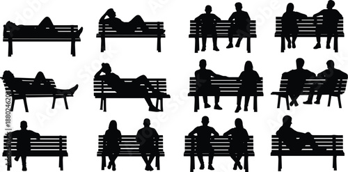 People sitting on bench silhouettes set, men and women relaxing, talking, resting poses, park lifestyle, minimalist black illustration