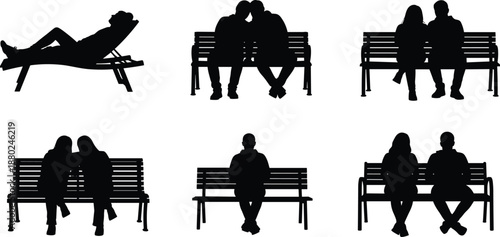 People sitting on park bench silhouettes set, couples and individuals relaxing together, leisure lifestyle moments, black human figures isolated on white background