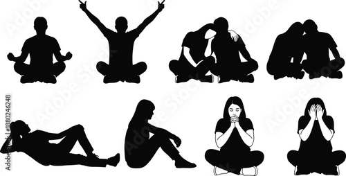 People sitting silhouette set, meditation relaxation sadness comfort and emotional support poses, human body language concepts isolated on white background