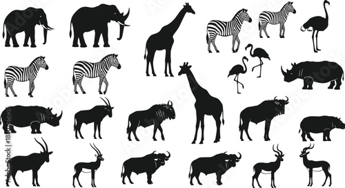 African Safari Wildlife Silhouette Collection Featuring Elephant Giraffe Zebra Rhino Hippo and Antelope Vector Icons for Nature Conservation Education and Wild Animal Graphic Design