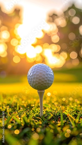 Golf ball perched on a tee, vibrant sunset-kissed grass, soft focus background of trees and golden light