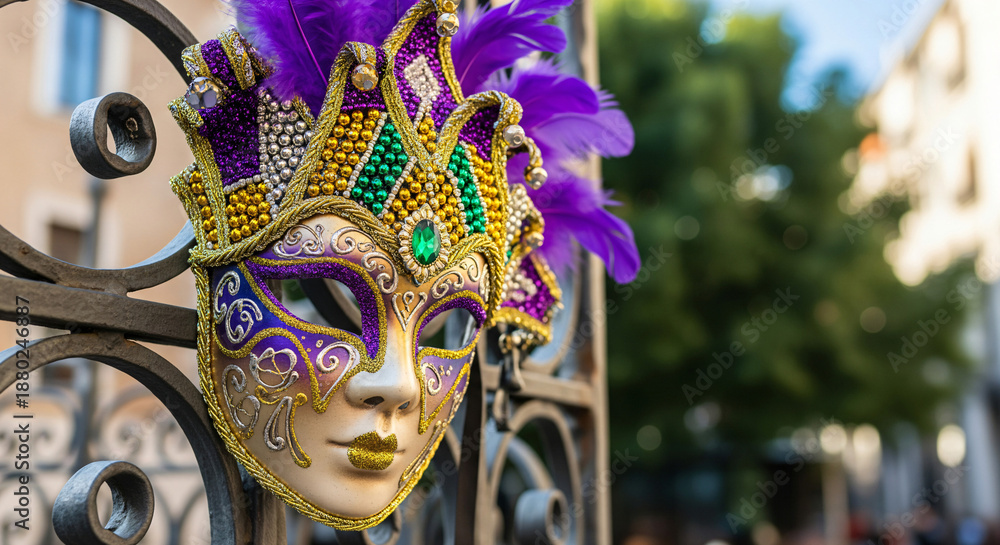 custom made wallpaper toronto digitalNew Orleans Mardi Gras mask with bead necklaces hanging on wrought iron fence in the day created with Generative AI technology