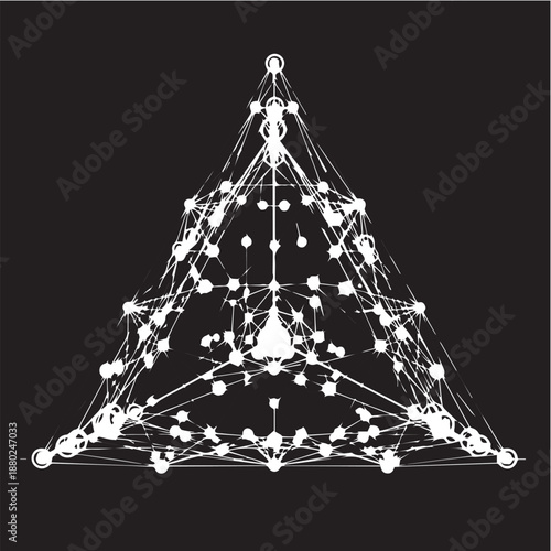 An intricate, white geometric web of lines and dots forming a dense, crystalline triangle on a solid black background, representing a complex network or constellation.