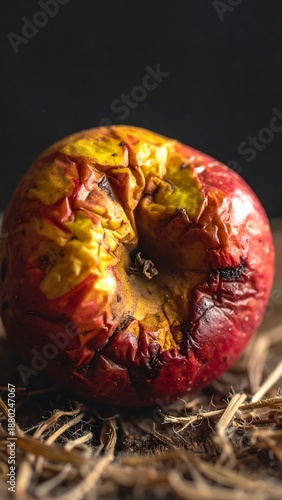 A close-up shows a wrinkled, decaying apple with red and yellow patches sitting atop dry, straw-like material