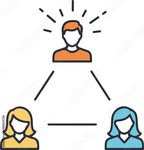 A colorful vector illustration of a three-person team in a triangular formation, featuring a glowing orange leader at the top connected to yellow and blue team members below.