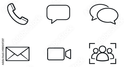 Modern line art communication icons set featuring phone, speech bubbles, email, video, and group chat icons for digital contact and social media