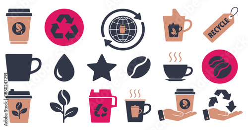 eco-friendly coffee icons vector set featuring sustainable cups, recyclable design elements, coffee beans, and environmentally conscious packaging for green lifestyle and cafe projects.