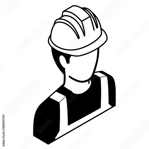Minimal black and white isometric construction worker illustration in flat vector style, abstract professional figure wearing safety helmet isolated on a clean white background.