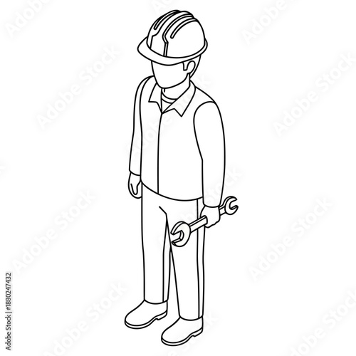 Minimal black and white isometric construction worker illustration in flat vector style, abstract professional figure wearing safety helmet isolated on a clean white background.