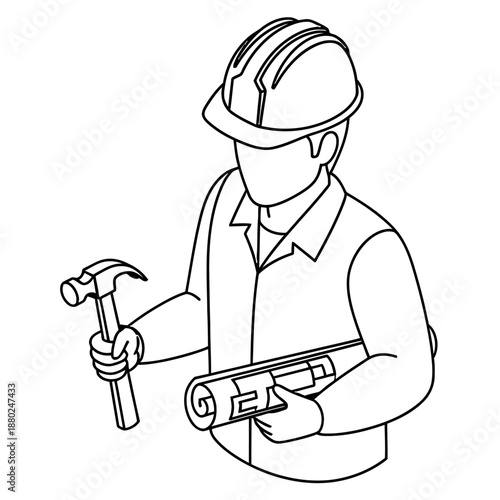 Minimal black and white isometric construction worker illustration in flat vector style, abstract professional figure wearing safety helmet isolated on a clean white background.