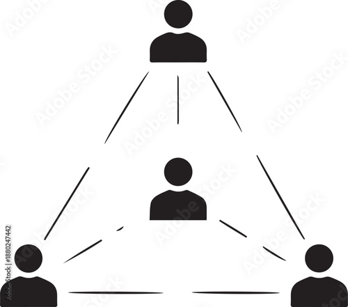 A minimalist black silhouette vector showing four people icons connected by thin lines in a pyramid or triangular network, representing basic social structure or team hierarchy.
