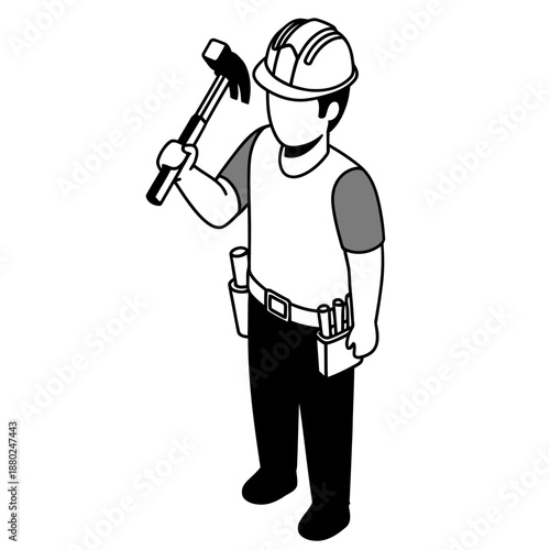 Minimal black and white isometric construction worker illustration in flat vector style, abstract professional figure wearing safety helmet isolated on a clean white background.