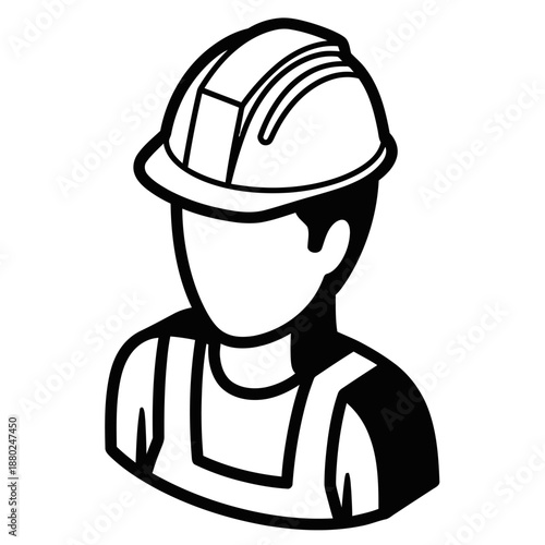 Minimal black and white isometric construction worker illustration in flat vector style, abstract professional figure wearing safety helmet isolated on a clean white background.