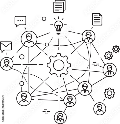 A complex black and white line art diagram showing a central gear connected to people icons, light bulbs, documents, and gears, representing a collaborative network and innovative workflow.