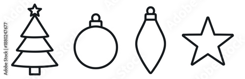 Line art Christmas decoration set featuring a Christmas tree, baubles, and a star for festive design