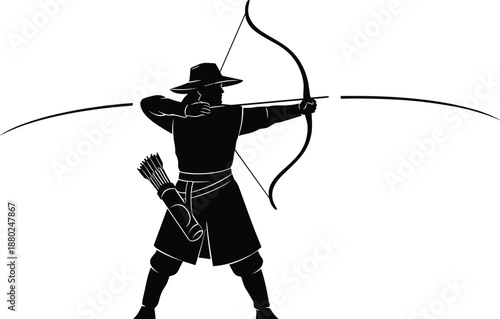 Archer warrior silhouette aiming bow and arrow, traditional hunter illustration, black vector design for archery sport, medieval combat, and historical themes