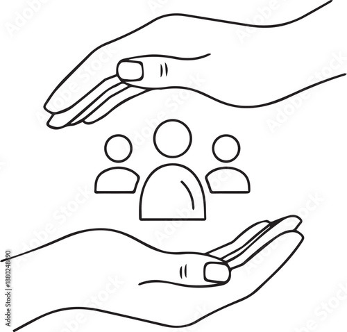 A minimalist line art illustration of a diverse group of people sheltered by two large, protective hands, symbolizing community care, safety, and human solidarity.